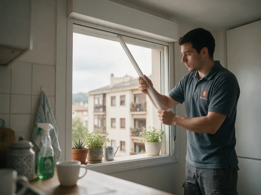 Colocación de una mosquitera enrollable en la ventana de una cocina