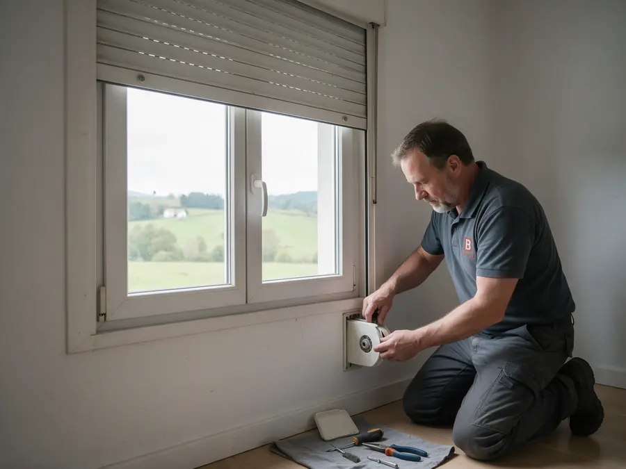 Técnico cambiando la cinta de una persiana en un dormitorio de Basauri